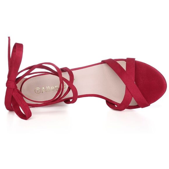 Open Toe Lace-Up High Block Heels Red Sandals - Picture 5 of 6